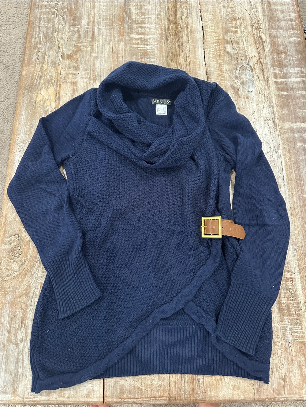 VENUS Navy Cowl-Neck Wrap Sweater with Belt Detail